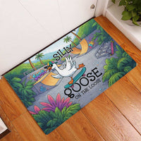Funny Silly Goose on The Loose Rubber Doormat with Skateboard and Palm Trees