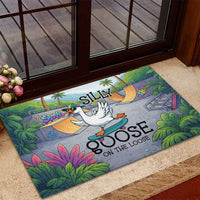 Funny Silly Goose on The Loose Rubber Doormat with Skateboard and Palm Trees