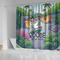 Funny Silly Goose on The Loose Shower Curtain with Skateboard and Palm Trees