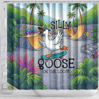 Funny Silly Goose on The Loose Shower Curtain with Skateboard and Palm Trees