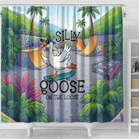Funny Silly Goose on The Loose Shower Curtain with Skateboard and Palm Trees