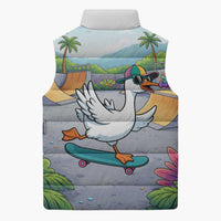 Funny Silly Goose on The Loose Sleeveless Puffer Jacket with Skateboard and Palm Trees