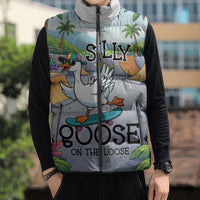 Funny Silly Goose on The Loose Sleeveless Puffer Jacket with Skateboard and Palm Trees