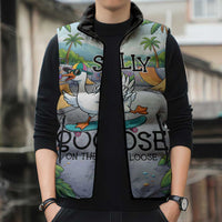 Funny Silly Goose on The Loose Sleeveless Puffer Jacket with Skateboard and Palm Trees