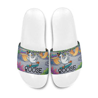 Funny Silly Goose on The Loose Slide Sandals with Skateboard and Palm Trees
