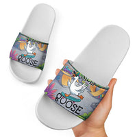 Funny Silly Goose on The Loose Slide Sandals with Skateboard and Palm Trees