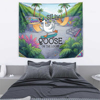 Funny Silly Goose on The Loose Tapestry with Skateboard and Palm Trees
