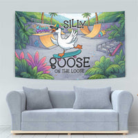 Funny Silly Goose on The Loose Tapestry with Skateboard and Palm Trees