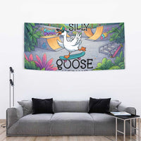 Funny Silly Goose on The Loose Tapestry with Skateboard and Palm Trees