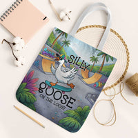 Funny Silly Goose on The Loose Tote Bag with Skateboard and Palm Trees