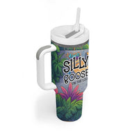 Funny Silly Goose on The Loose Tumbler With Handle with Skateboard and Palm Trees