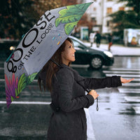 Funny Silly Goose on The Loose Umbrella with Skateboard and Palm Trees
