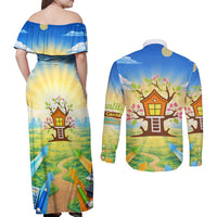 Quality Learning Center Couples Matching Off Shoulder Maxi Dress and Long Sleeve Button Shirt Funny Day Care Bright and Playful Branded