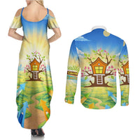 Quality Learning Center Couples Matching Summer Maxi Dress and Long Sleeve Button Shirt Funny Day Care Bright and Playful Branded