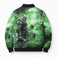 Norse Viking Warrior with Axe Bomber Puffer Jacket Celtic Knot Nordic Fantasy Lightning Art