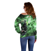 Norse Viking Warrior with Axe Off Shoulder Sweater Celtic Knot Nordic Fantasy Lightning Art