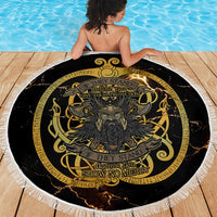 Viking Warrior Guardian Quote Beach Blanket Runic Circle Odin Ravens Mythology Dark Gold