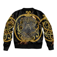 Viking Warrior Guardian Quote Bomber Jacket Runic Circle Odin Ravens Mythology Dark Gold