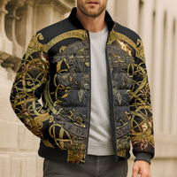 Viking Warrior Guardian Quote Bomber Puffer Jacket Runic Circle Odin Ravens Mythology Dark Gold