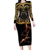 Viking Warrior Guardian Quote Long Sleeve Bodycon Dress Runic Circle Odin Ravens Mythology Dark Gold