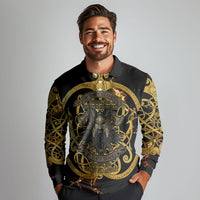 Viking Warrior Guardian Quote Long Sleeve Polo Shirt Runic Circle Odin Ravens Mythology Dark Gold