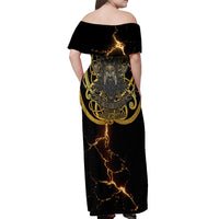 Viking Warrior Guardian Quote Off Shoulder Maxi Dress Runic Circle Odin Ravens Mythology Dark Gold