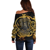 Viking Warrior Guardian Quote Off Shoulder Sweater Runic Circle Odin Ravens Mythology Dark Gold