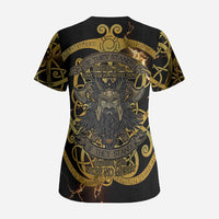 Viking Warrior Guardian Quote Scrub Top Runic Circle Odin Ravens Mythology Dark Gold