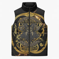 Viking Warrior Guardian Quote Sleeveless Puffer Jacket Runic Circle Odin Ravens Mythology Dark Gold