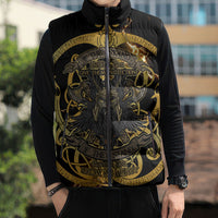 Viking Warrior Guardian Quote Sleeveless Puffer Jacket Runic Circle Odin Ravens Mythology Dark Gold