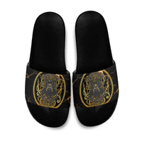 Viking Warrior Guardian Quote Slide Sandals Runic Circle Odin Ravens Mythology Dark Gold