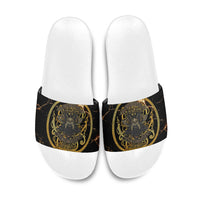 Viking Warrior Guardian Quote Slide Sandals Runic Circle Odin Ravens Mythology Dark Gold