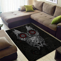 Fenrir Wolf and Vegvisir Viking Area Rug Nordic Celtic Knotwork Black and Red Tribal Art