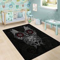 Fenrir Wolf and Vegvisir Viking Area Rug Nordic Celtic Knotwork Black and Red Tribal Art