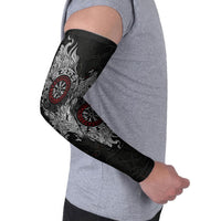 Fenrir Wolf and Vegvisir Viking Arm Sleeves Nordic Celtic Knotwork Black and Red Tribal Art