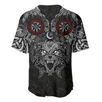 Fenrir Wolf and Vegvisir Viking Baseball Jersey Nordic Celtic Knotwork Black and Red Tribal Art