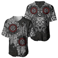 Fenrir Wolf and Vegvisir Viking Baseball Jersey Nordic Celtic Knotwork Black and Red Tribal Art