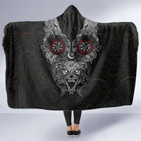 Fenrir Wolf and Vegvisir Viking Hooded Blanket Nordic Celtic Knotwork Black and Red Tribal Art