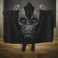 Fenrir Wolf and Vegvisir Viking Hooded Blanket Nordic Celtic Knotwork Black and Red Tribal Art
