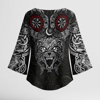 Fenrir Wolf and Vegvisir Viking Kimono Sleeve Blouse Nordic Celtic Knotwork Black and Red Tribal Art