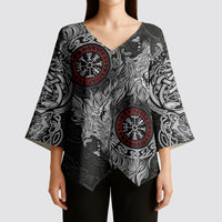 Fenrir Wolf and Vegvisir Viking Kimono Sleeve Blouse Nordic Celtic Knotwork Black and Red Tribal Art
