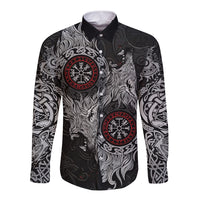 Fenrir Wolf and Vegvisir Viking Long Sleeve Button Shirt Nordic Celtic Knotwork Black and Red Tribal Art