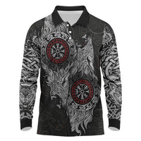 Fenrir Wolf and Vegvisir Viking Long Sleeve Polo Shirt Nordic Celtic Knotwork Black and Red Tribal Art
