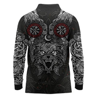 Fenrir Wolf and Vegvisir Viking Long Sleeve Polo Shirt Nordic Celtic Knotwork Black and Red Tribal Art