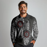 Fenrir Wolf and Vegvisir Viking Long Sleeve Polo Shirt Nordic Celtic Knotwork Black and Red Tribal Art