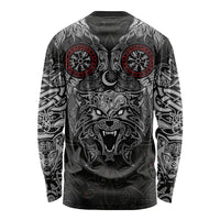 Fenrir Wolf and Vegvisir Viking Long Sleeve Shirt Nordic Celtic Knotwork Black and Red Tribal Art