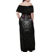 Fenrir Wolf and Vegvisir Viking Off Shoulder Maxi Dress Nordic Celtic Knotwork Black and Red Tribal Art