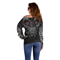 Fenrir Wolf and Vegvisir Viking Off Shoulder Sweater Nordic Celtic Knotwork Black and Red Tribal Art