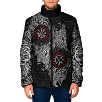 Fenrir Wolf and Vegvisir Viking Padded Jacket Nordic Celtic Knotwork Black and Red Tribal Art