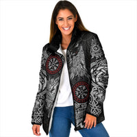 Fenrir Wolf and Vegvisir Viking Padded Jacket Nordic Celtic Knotwork Black and Red Tribal Art